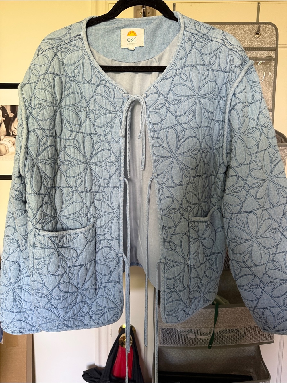 C&C California Pale Blue Quilted Tie-Front Utility Jacket